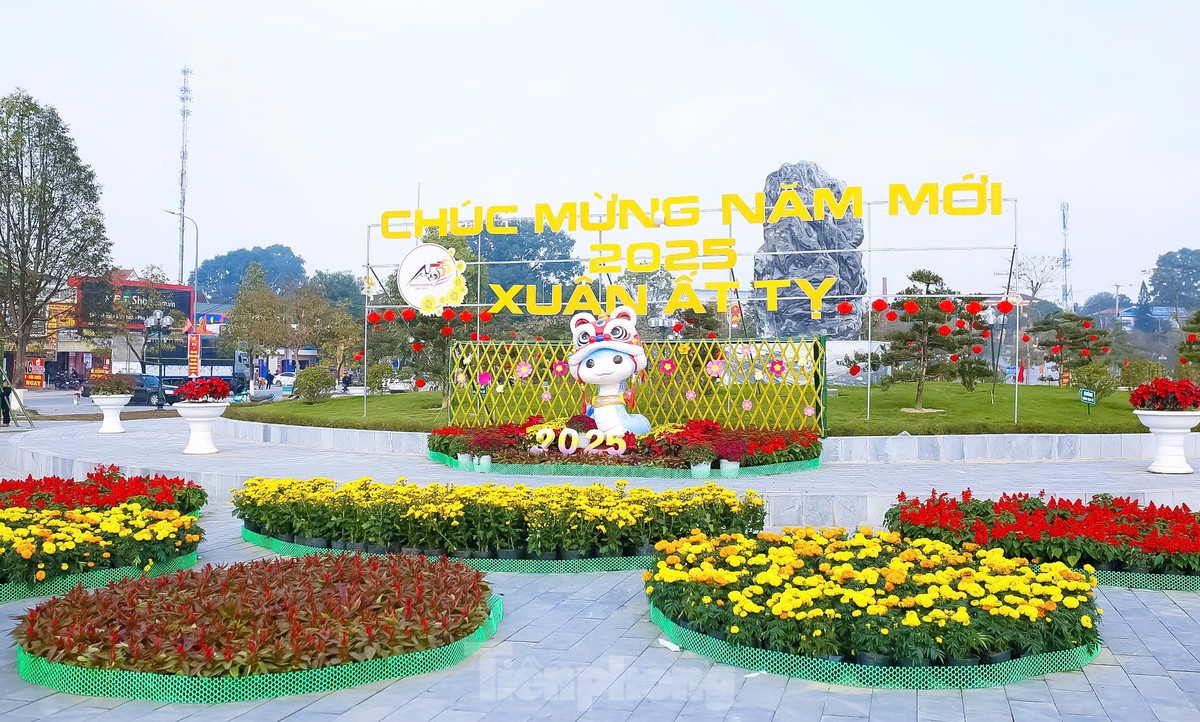 Sau hơn 10 ngày thi công, điểm check-in hoa xuân đẹp mắt xuất hiện ở thị trấn Dùng (huyện Thanh Chương, PG88 go Bắn cá) ngay tại khu vực công viên bờ hồ trung tâm thị trấn. Ảnh: Tú Anh
