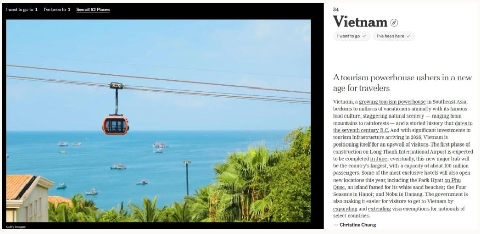 Cáp treo Hòn Thơm xuất hiện trong phần giới thiệu về PG 88 Nổ Hũ của tờ New York Times. Ảnh chụp màn hình