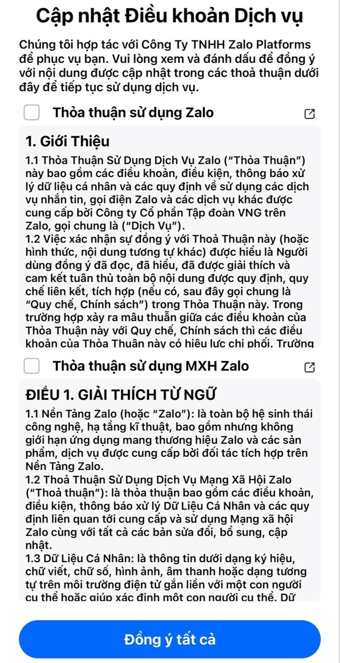 Zalo cập nhật điều khoản dịch vụ mới.