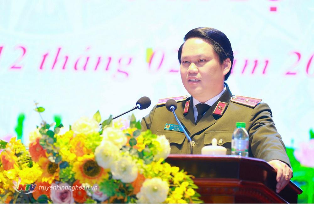 Thiếu tướng Bùi Quang Thanh, Ủy viên Ban Thường vụ Tỉnh ủy, Giám đốc Công an tỉnh phát biểu tại buổi lễ.