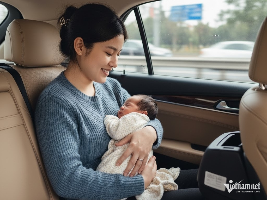 Việc bế trẻ em khi đi ô tô có thể bị phạt theo quy định mới. Ảnh minh hoạ được tạo bởi AI