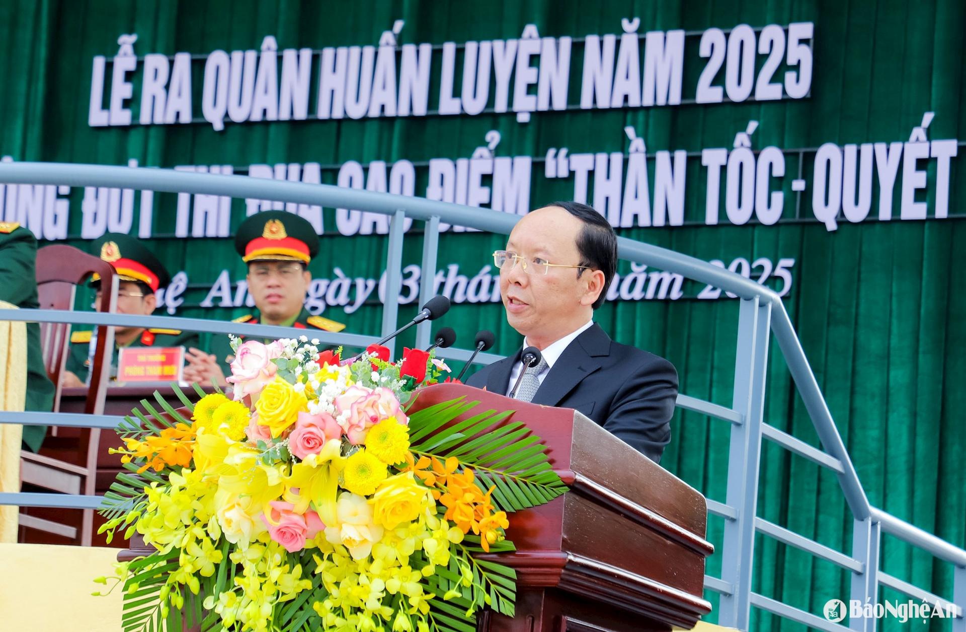 Phó PG88 go Bắn cá UBND tỉnh Bùi Thanh An phát biểu chỉ đạo tại buổi lễ ra quân huấn luyện. Ảnh: BNA