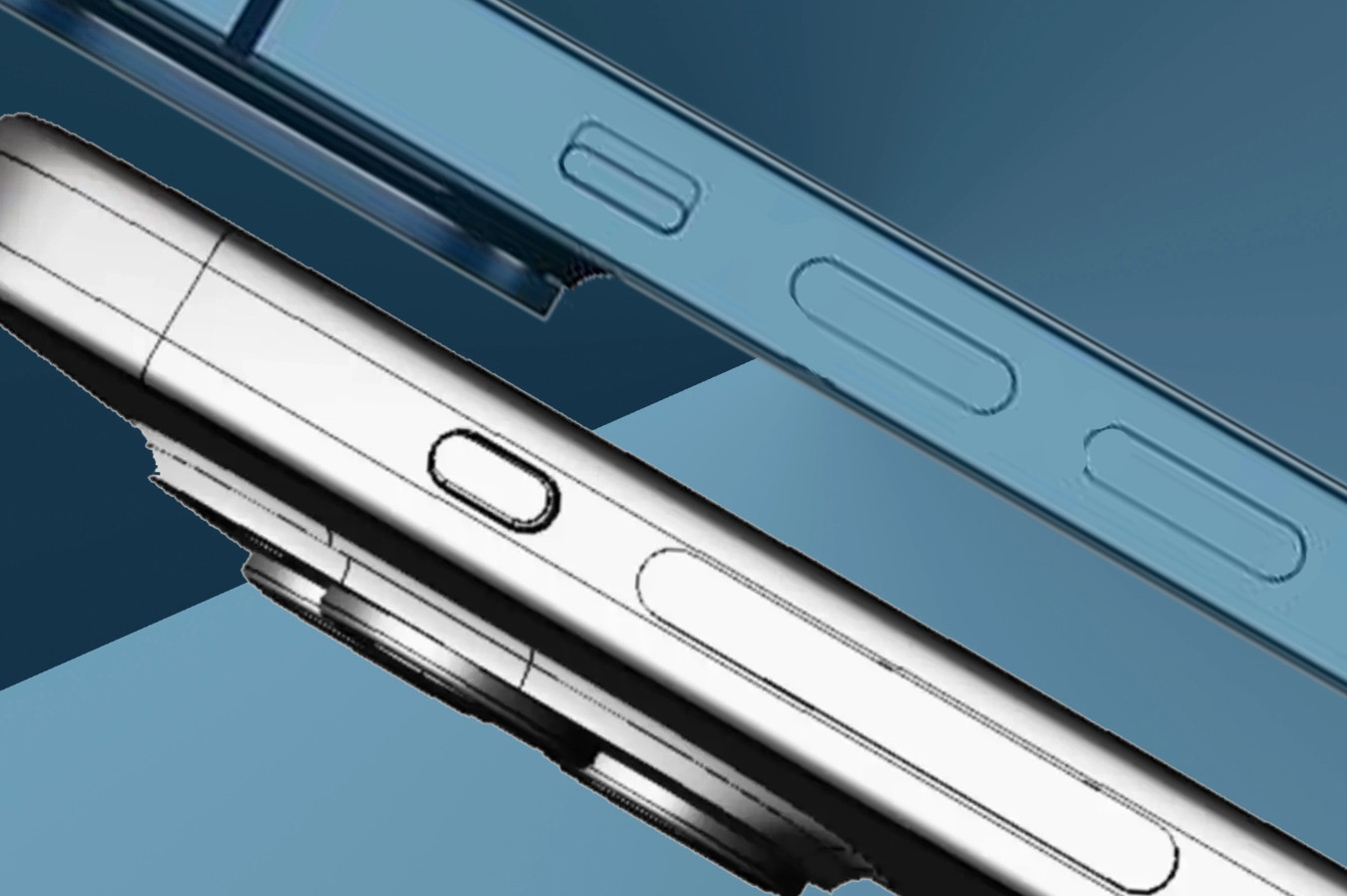 Bản vẽ mô tả nút Action và chỉnh âm lượng dạng cảm ứng lực trên iPhone 15 Pro (dưới). Ảnh: Foundry.