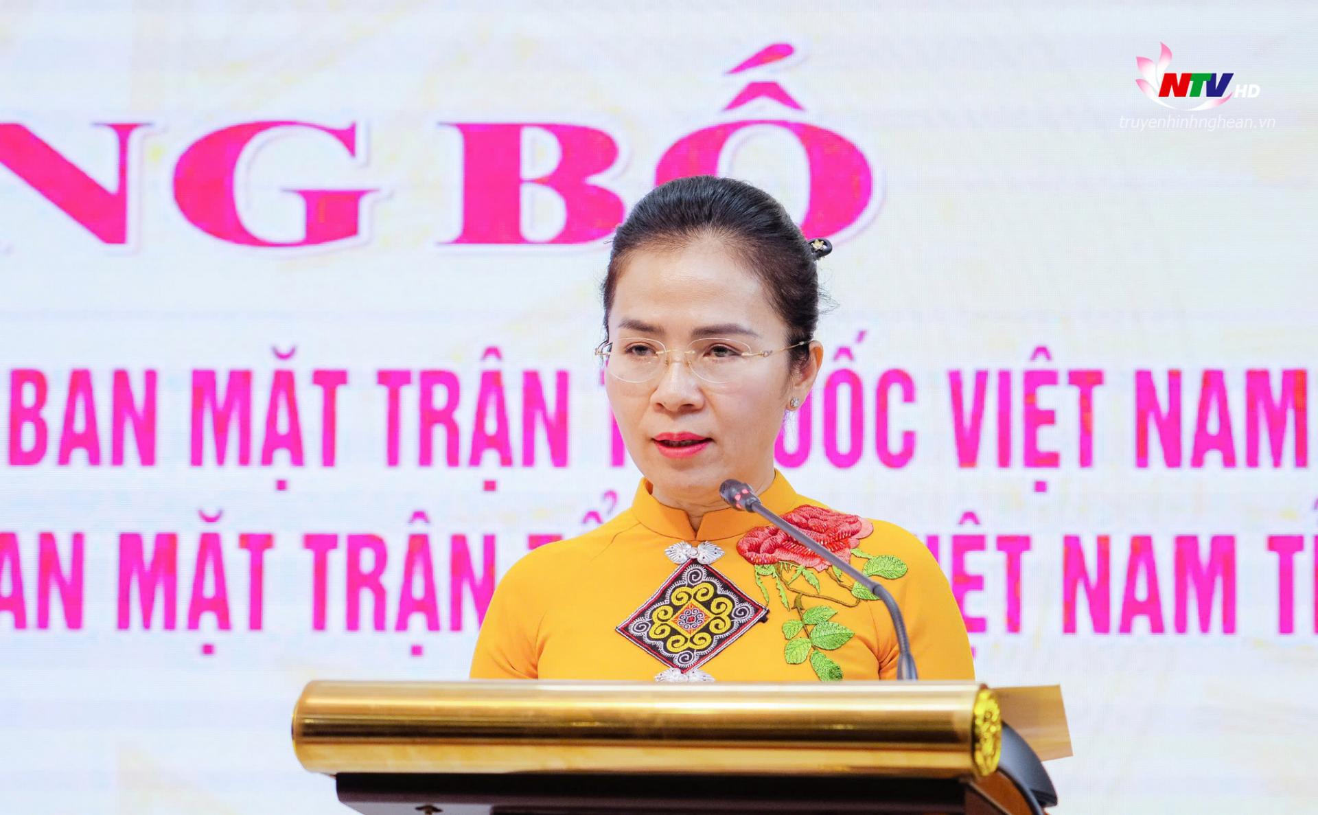 Đồng chí Võ Thị Minh Sinh - Phó Bí thư Tỉnh uỷ, PG88 go Bắn cá MTTQ PG 88 Nổ Hũ tỉnh, Trưởng đoàn ĐBQH tỉnh phát biểu tại buổi lễ.