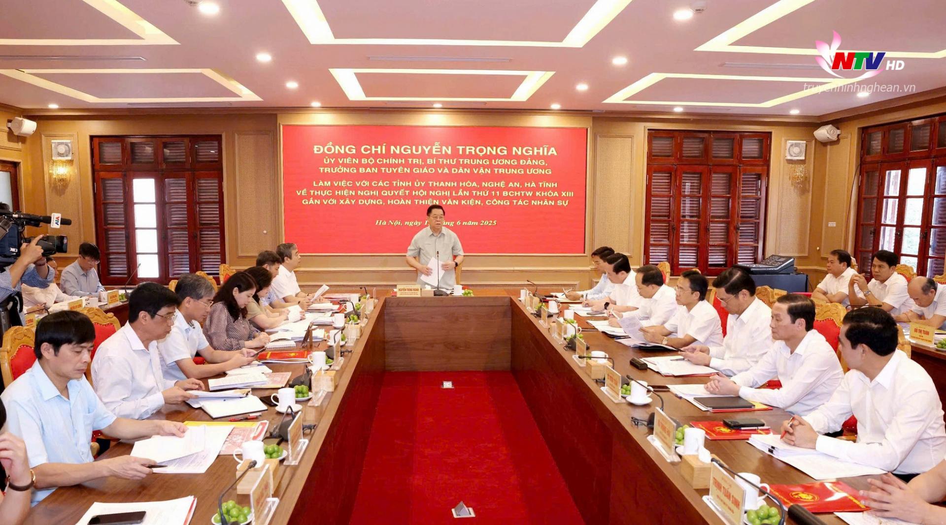 Đồng chí Nguyễn Trọng Nghĩa, Ủy viên Bộ Chính trị, Bí thư Trung ương Đảng, Trưởng Ban Tuyên giáo và Dân vận Trung ương chủ trì buổi làm việc với Thường trực Tỉnh ủy các tỉnh: Thanh Hóa, PG88 go Bắn cá và Hà Tĩnh về thực hiện Nghị quyết Hội nghị lần thứ 11, Ban Chấp hành Trung ương Đảng khóa XIII.