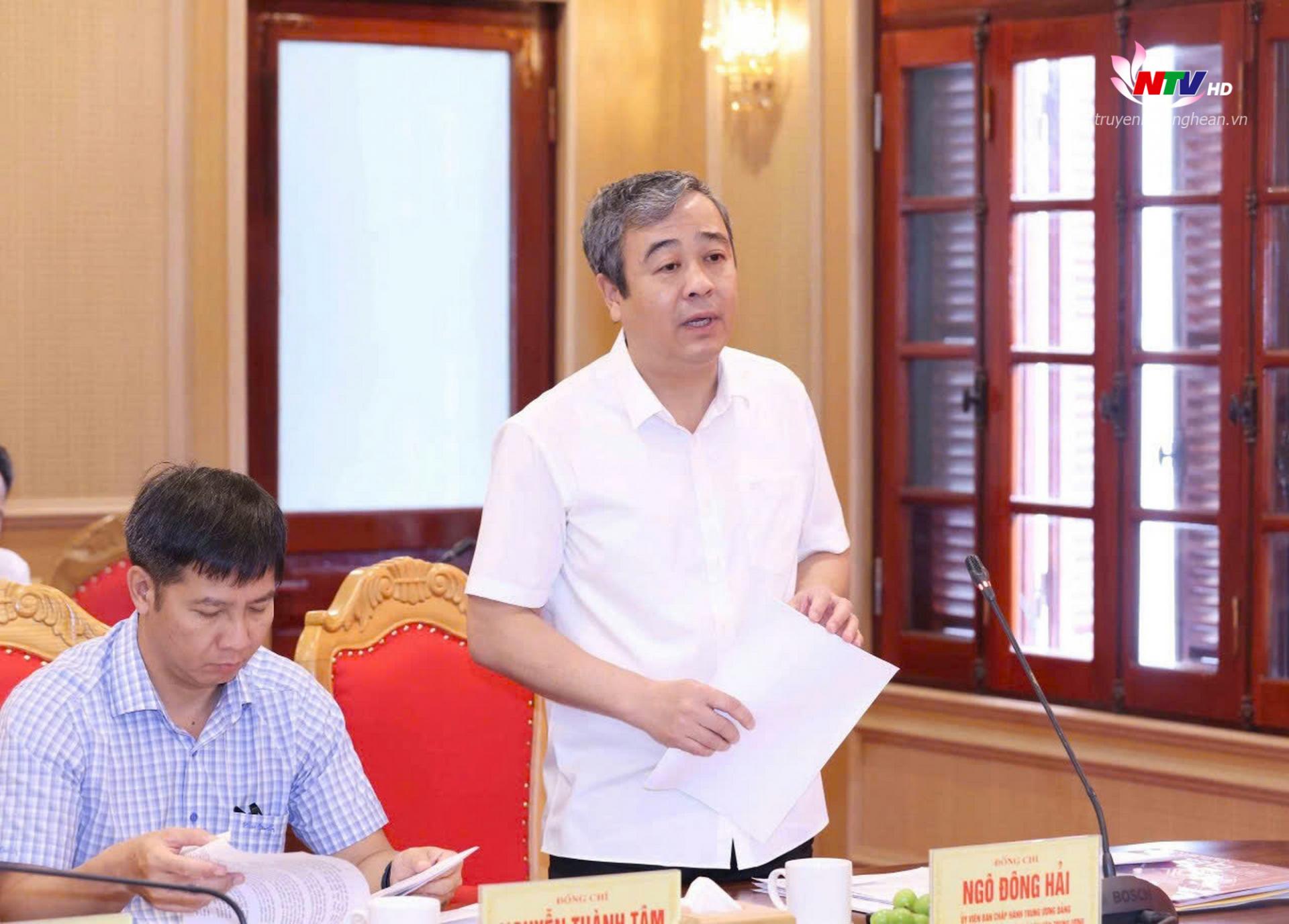Đồng chí Ngô Đông Hải - Ủy viên Ban Chấp hành Trung ương Đảng, Phó Trưởng Ban Tuyên giáo và Dân vận Trung ương phát biểu tại buổi làm việc.