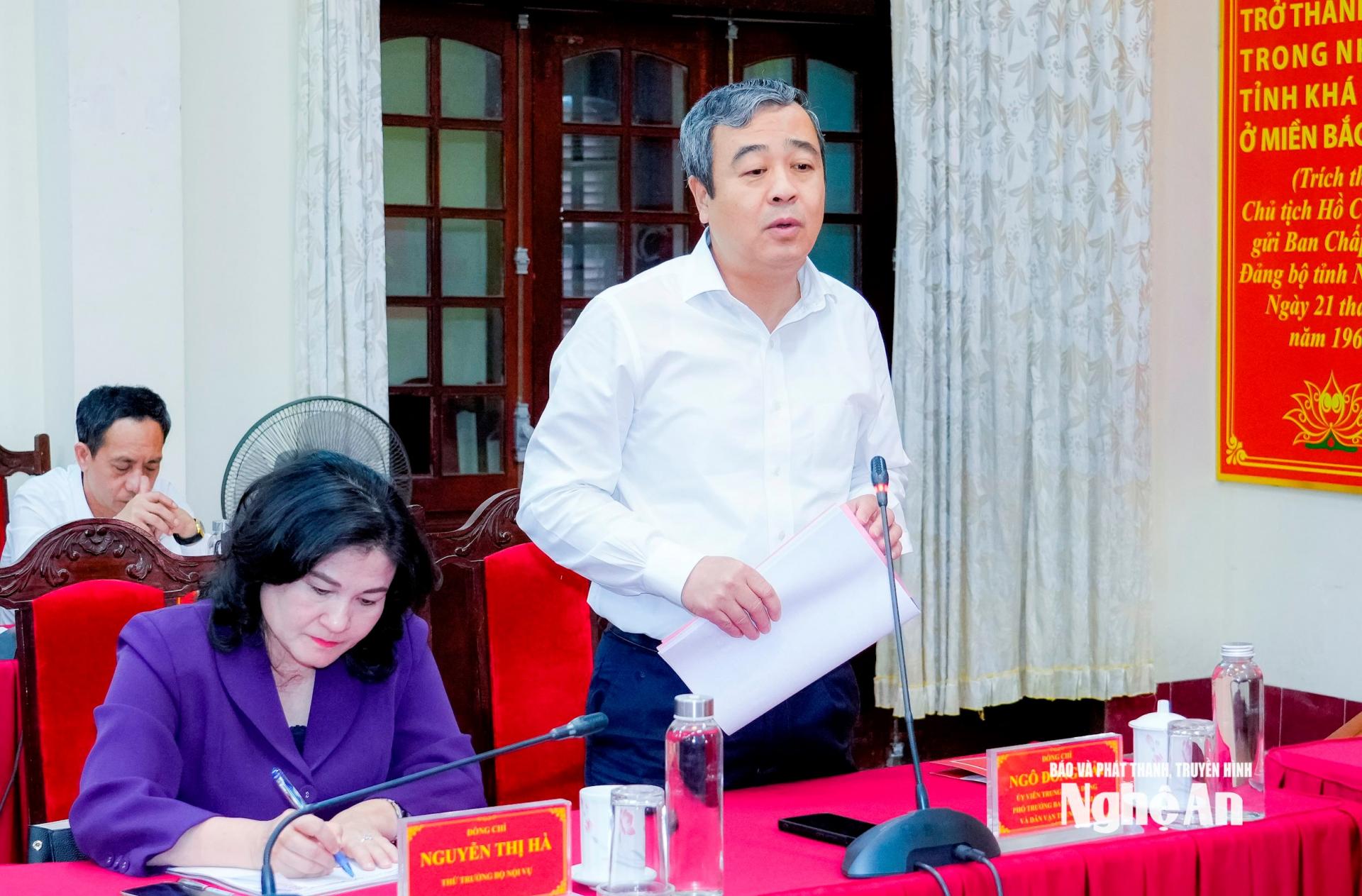 Đồng chí Ngô Đông Hải - Ủy viên Ban Chấp hành Trung ương Đảng, Phó Trưởng Ban Tuyên giáo và Dân vận Trung ương phát biểu tại cuộc làm việc. Ảnh: Phạm Bằng