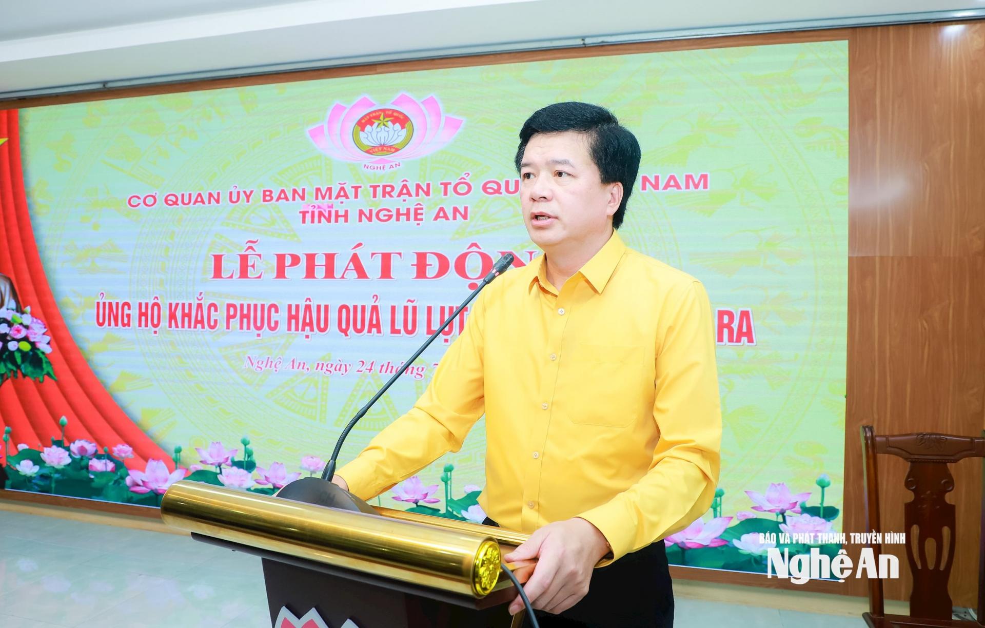 Đồng chí Nguyễn Đình Hùng - Ủy viên Ban Chấp hành Đảng bộ tỉnh, Phó PG88 go Bắn cá Thường trực Ủy ban MTTQ PG 88 Nổ Hũ tỉnh phát động ủng hộ khắc phục hậu quả lũ lụt do bão số 3. Ảnh: Thành Duy