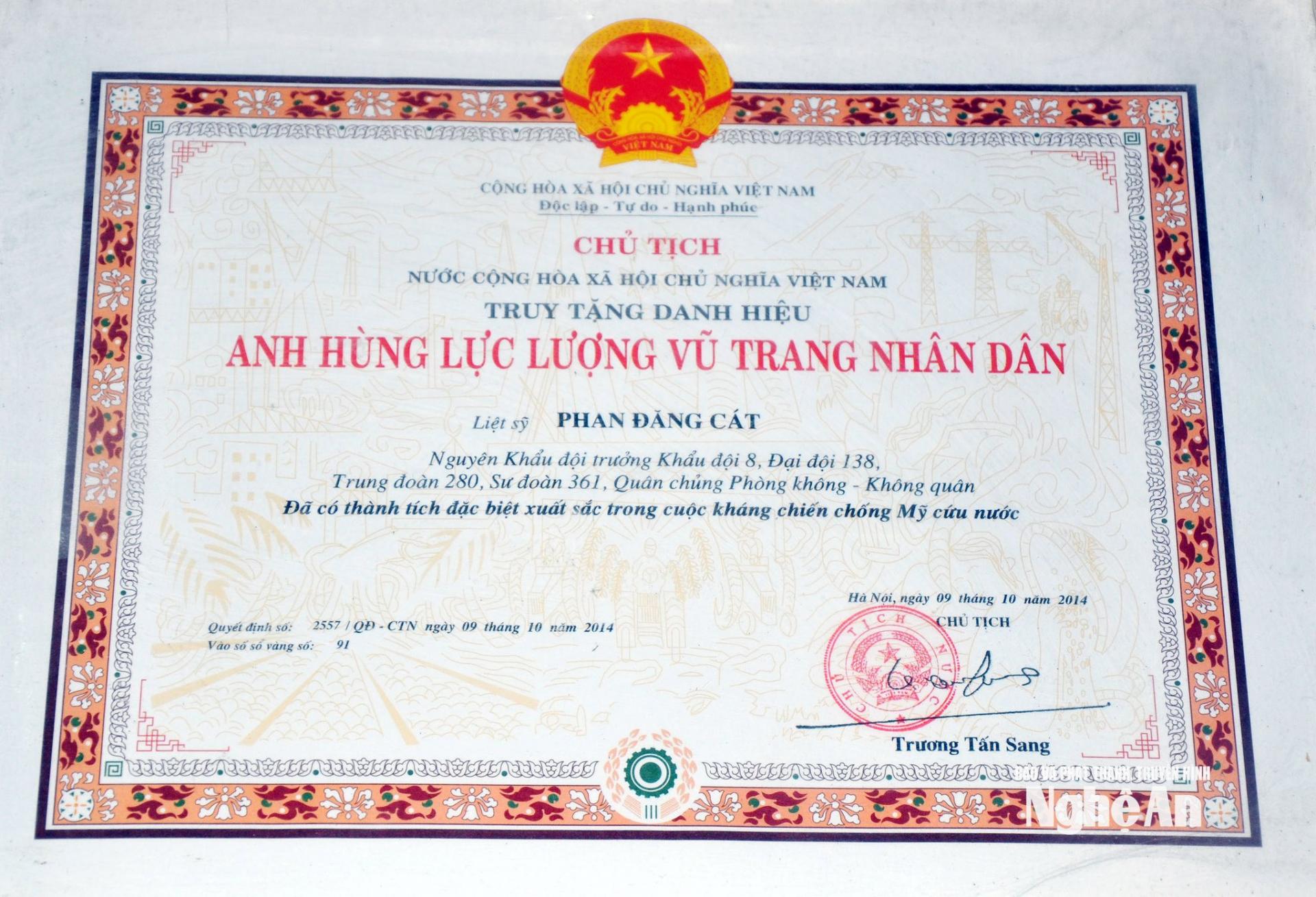 Liệt sĩ Phan Đăng Cát được truy tặng danh hiệu Anh hùng LLVT nhân dân năm 2014. Ảnh: Công Khang