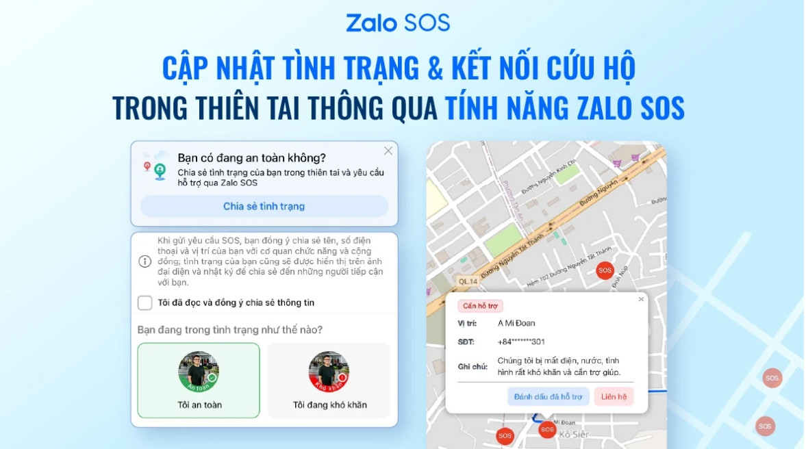 “Bản đồ Zalo SOS” sở hữu một số chức năng quan trọng phục vụ cho thời điểm thiên tai.