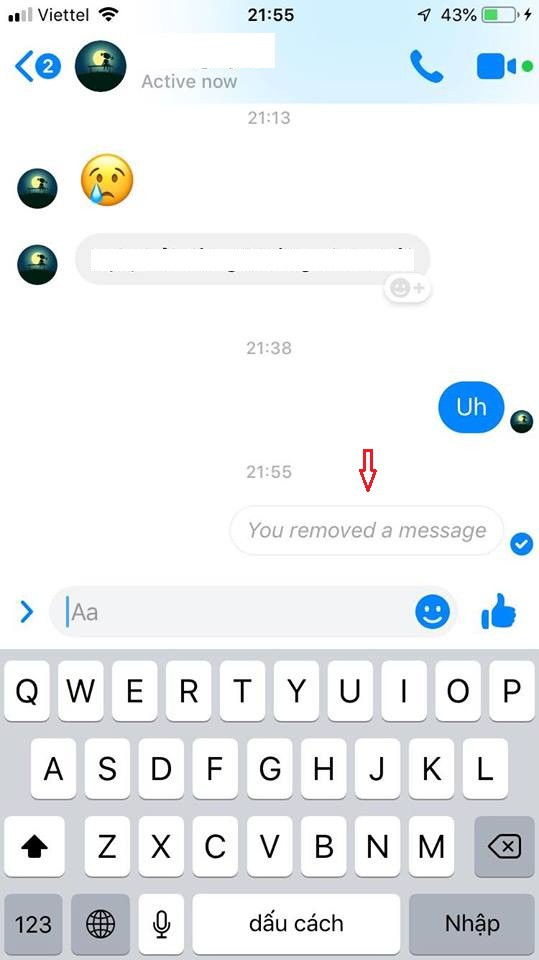 Tin nhắn bị xóa sẽ được thay thế bằng một thông báo rằng tin nhắn đã bị xóa "You removed a massage"