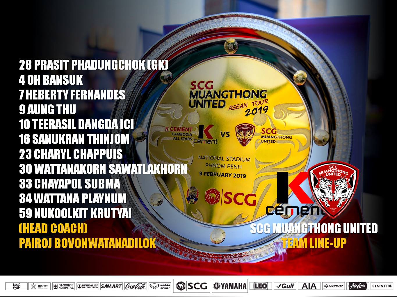 Đội hình xuất phát của Muangthong United ở trận đấu tối 9/2 tại Campuchia