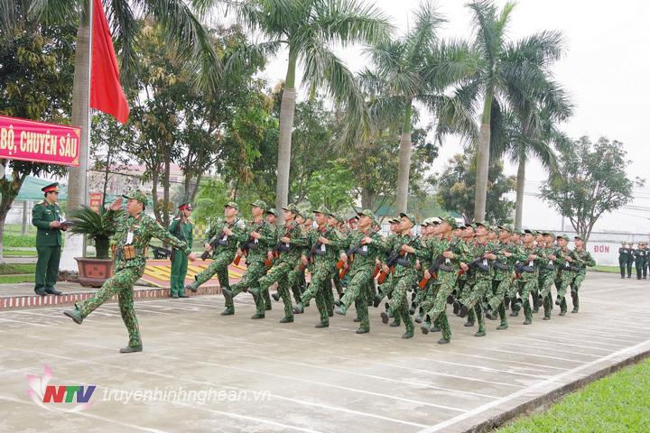 Đội hình cán bộ, chiến sĩ Trung đoàn 764 đang diễu duyệt đội ngũ qua lễ đài danh dự