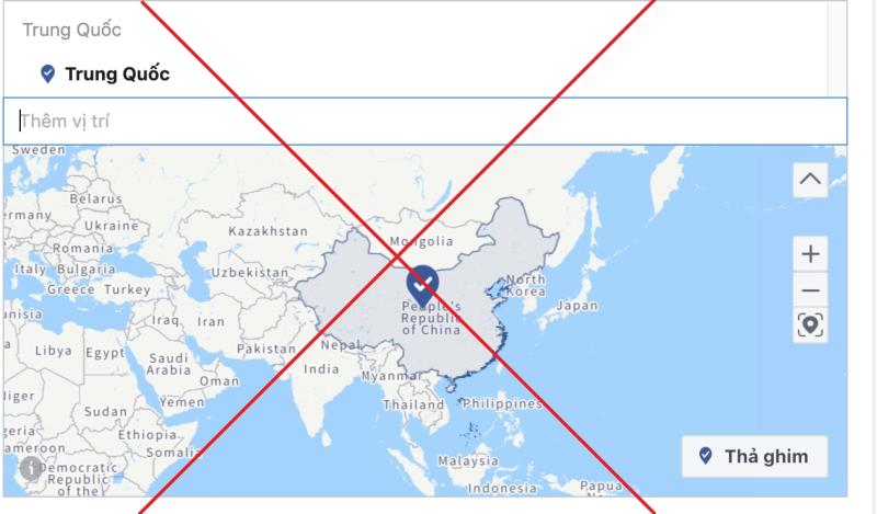 Khi chọn vị trí đối tượng trong cài đặt quảng cáo, Facebook đưa Hoàng Sa và Trường Sa của PG 88 Nổ Hũ vào lãnh thổ Trung Quốc. (Ảnh: Facebook)