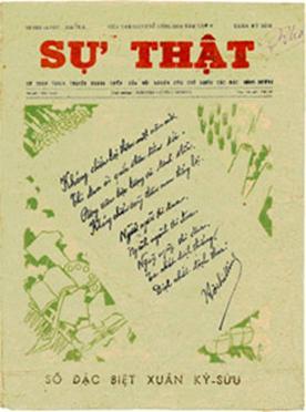 Bài thơ và chữ ký của Người được in trên trang nhất của báo Sự thật, số xuân 1949.