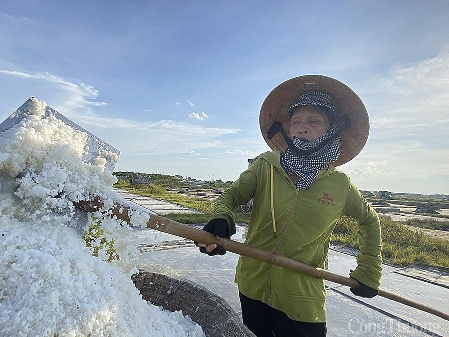 Làm việc giữa trưa nắng thiêu đốt, mồ hôi nhễ nhại thấm còn mặt hơn vị muối những người dân làm ra. Công sức bỏ ra cả một ngày trời này chỉ thu về được khoảng 20-30 ngàn đồng.