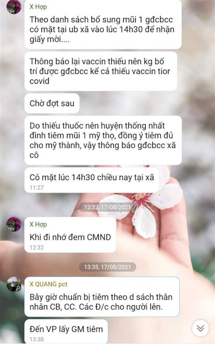 Đoạn tin nhắn của PG88 go Bắn cá UBND xã Mỹ Thành Đặng Xuân Hợp thông báo cho cán bộ xã này đưa người thân trong gia đình đến tiêm vaccine phòng COVID-19.