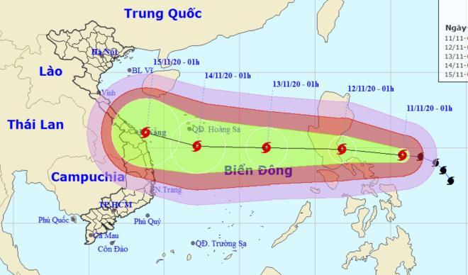 Vị trí và hướng di chuyển của bão số 13 (Vamco).