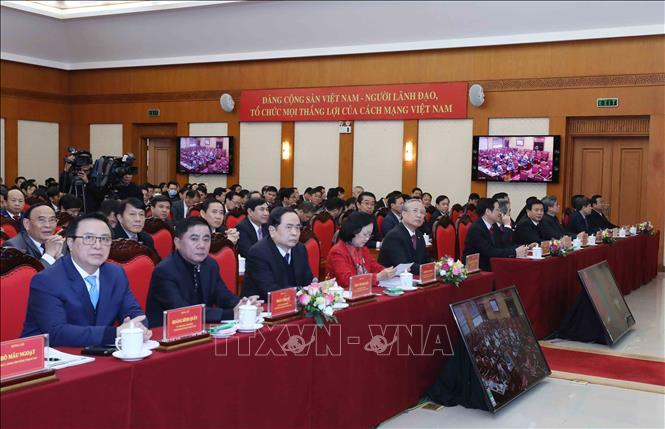 Các đồng chí lãnh đạo Đảng và đại biểu dự hội nghị tại điểm cầu Trung ương.