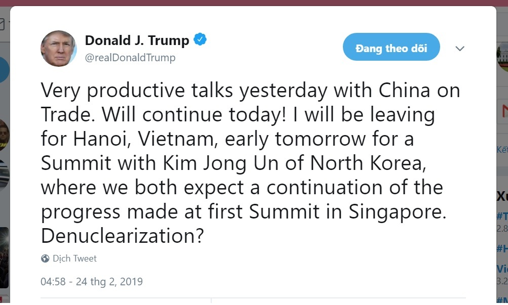 Dòng Twitter Tổng thống Mỹ thông báo