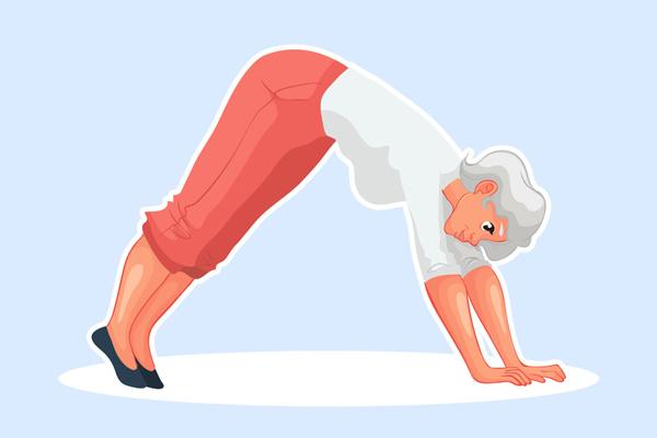 Động tác chó cúi mặt  Cúi người với hai tay chống xuống thảm, hai chân duỗi thẳng, có thể chống bằng mũi chân. Giữ nguyên tư thế trong 2 phút.