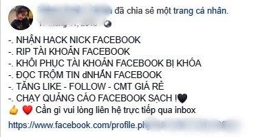 Một tài khoản công khai nhận làm dịch vụ hack nick