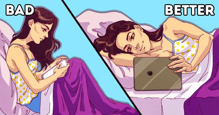 Khi sử dụng điện thoại, ipad hay đọc truyện, hay giữ chúng ở ngang tầm mắt thay vì cúi đầu về phía trước. Nếu bạn phải làm việc trong khoảng thời gian dài với máy tính, thì đừng quên nghỉ ngơi. Chỉ cần đứng dậy và đi bộ xung quanh, hoặc thỉnh thoảng vươn vai, vận động cơ cổ.