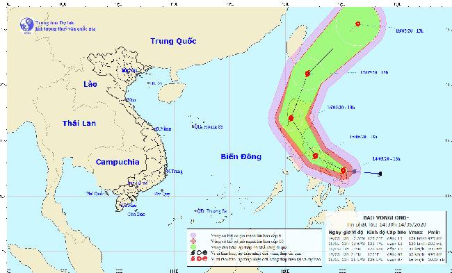 Vị trí và đường đi của bão Vongfong lúc 14h00 ngày 14/5. Ảnh: KTVN