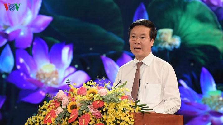 Ủy viên Bộ Chính trị, Bí thư Trung ương Đảng, Trưởng Ban Tuyên giáo Trung ương Võ Văn Thưởng phát biểu tại buổi lễ.