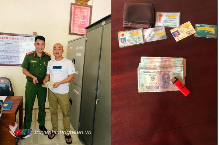 Đại diện Công an xã Quỳnh Liên tiến hành trao trả tài sản cho du khách.
