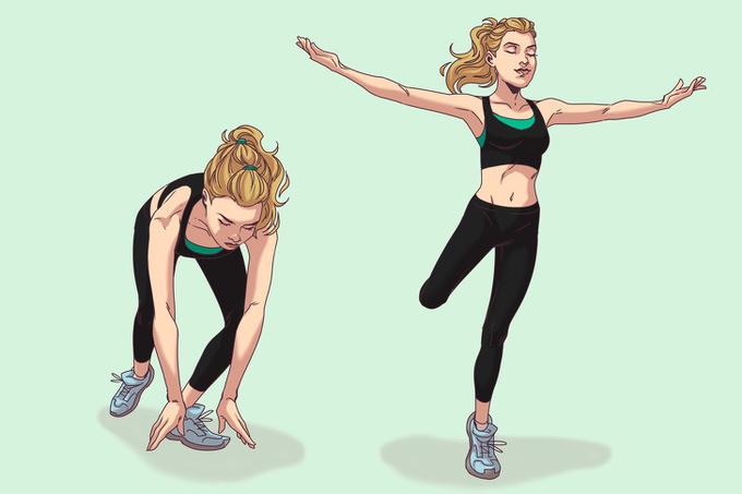 Lunge kết hợp ba lê   Đứng thẳng, hai chân rộng bằng một vai, bước lên phía trước một bước dài, mũi chân trước hướng ra ngoài, hạ thấp người về phía trước, hai tay hướng xuống đất. Kiễng ngón chân trước, nâng người lên cao, chân sau gập, hai tay đưa thẳng sang ngang. Thực hiện động tác 20 lần. 