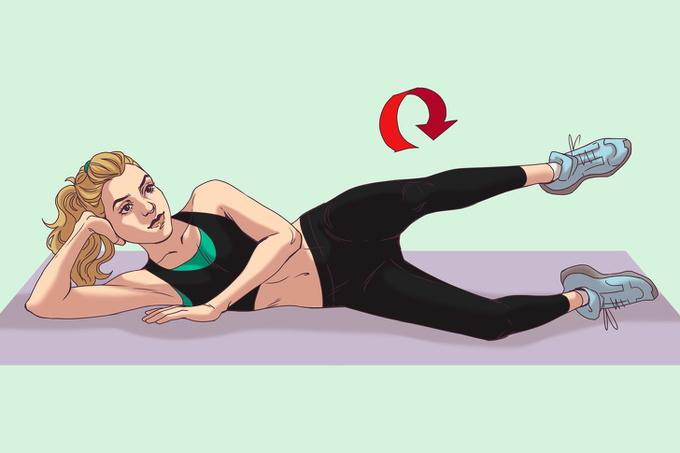 Xoay tròn chân:  Vẫn tiếp tục giữ nguyên tư thế, đưa một chân lên cao, xoay tròn 20 lần rồi đổi bên. 