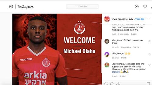 Trang Instagram của CLB Hapoel Tel-Aviv khẳng định Olaha sẽ rời SLNA cuối mùa 2019