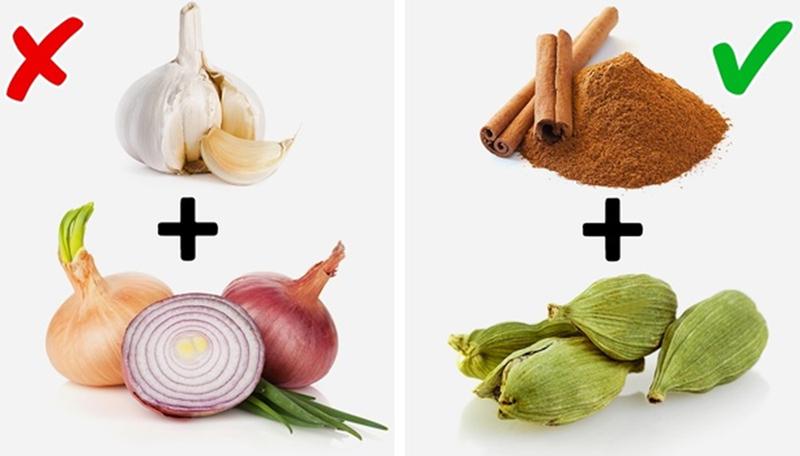 Tỏi+hành tây vs Bạch đậu khấu+quế: Đều là những loại thực phẩm phụ gia giúp tạo mùi vị và làm thức ăn ngon hơn, nhưng bạch đậu khấu và quế có mùi tươi mát và dễ chịu kéo dài. Ngược lại, tỏi và hành tây chứa các hợp chất lưu huỳnh hữu cơ được chuyển hóa và đào thải chủ yếu qua các lỗ chân lông gây ra mùi cơ thể.