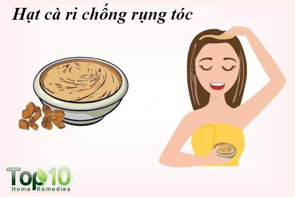 Hạt cỏ cà ri: Cỏ cà ri chứa hormone giúp tái tạo nang tóc. Chúng cũng chứa các protein và axit nicotinic kích thích sự phát triển của tóc.Hạt giống cà ri cũng có đặc tính kháng khuẩn, giúp chữa trị gàu, một nguyên nhân phổ biến gây rụng tóc.