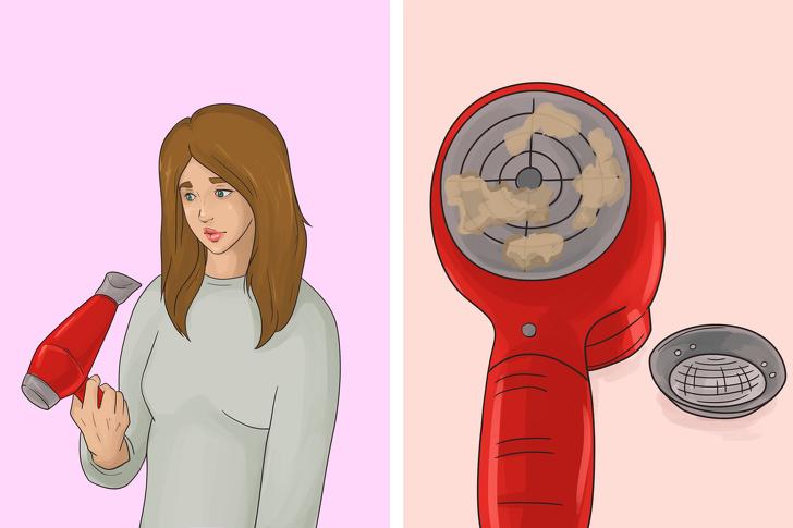 Không vệ sinh máy sấy: Bạn nên làm điều này ngay bởi nếu không, bụi bẩn không chỉ làm hỏng máy mà còn gây tổn hại cho tóc. Các ống thông khí chứa đầy bụi bẩn, tóc, các sản phẩm chăm sóc tóc. Điều này làm chậm tốc độ gió, làm tăng nhiệt độ bên trong máy sấy, có thể gây cháy nổ.