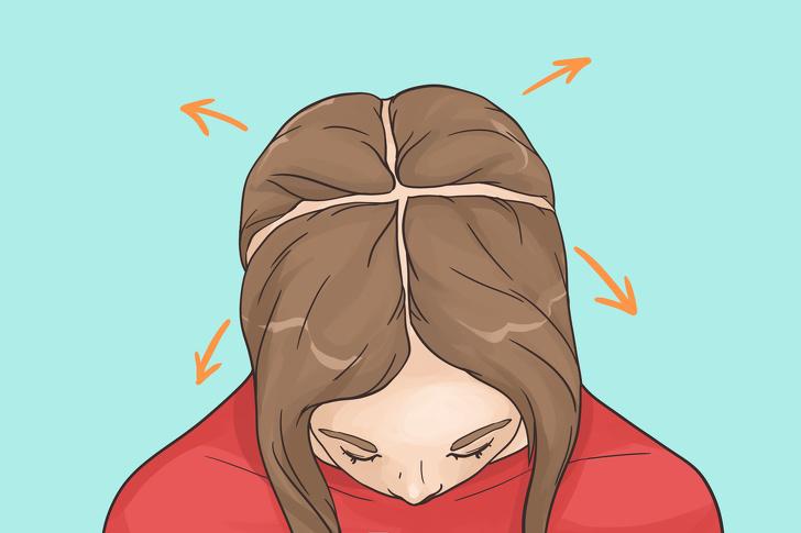 Không chia tóc thành các phần: Chúng ta thường sấy toàn bộ mái tóc cùng lúc bằng cách di chuyển máy sấy tóc từ trước ra sau và ngược lại. Quá trình này sẽ nhanh và hiệu quả hơn nếu bạn chia tóc thành 4 - 5 vùng và cố định lại bằng kẹp. Bạn có thể chia tóc thành 4 phần như trên hình.