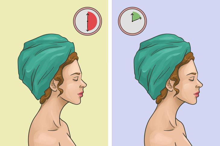 Ủ tóc trong khăn quá lâu: Đừng làm khô tóc với khăn quá 30 phút, đặc biệt đối với khăn cotton. Các phân tử của chất liệu này tạo ra ma sát và khiến tóc yếu hơn khi sấy sau đó. Hãy chọn các loại khăn mềm làm từ các vi sợi và không quấn tóc trong khăn quá 10 phút.