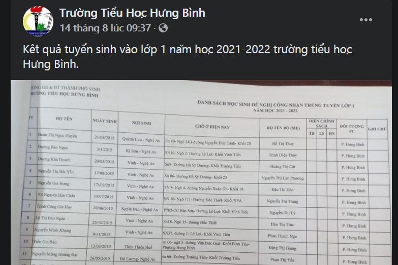 Trường Tiểu học Hưng Bình, TP Vinh công bố danh sách lớp 1 trên Facebook của trường.