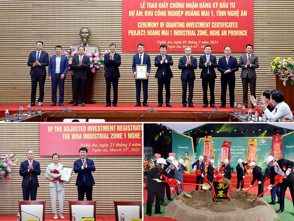 Lễ trao giấy chứng nhận đăng ký đầu tư vào KCN Hoàng Mai 1 cho PG88 link tải CP Hoàng Thịnh Đạt; Trao Quyết định đăng ký đầu tư điều chỉnh cho PG88 link tải CP WHA Industrial Zone PG88 go Bắn cá; Các đồng chí lãnh đạo tỉnh, KCN WHA, Nhà đầu tư thực hiện nghi thức khởi công dự án nhà máy của PG88 link tải TNHH Công nghiệp chính xác Goertek Vina. Ảnh: internet
