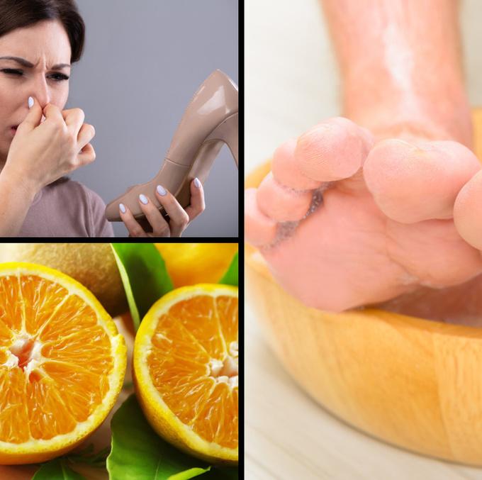 Loại bỏ mùi hôi chân   Thái lát một quả chanh và một quả cam cho vào chậu nước ấm, thêm 4 giọt tinh dầu bạc hà hoặc dầu cây trà vào chậu. Ngâm chân trong nửa tiếng mỗi tối để loại bỏ mùi hôi chân.