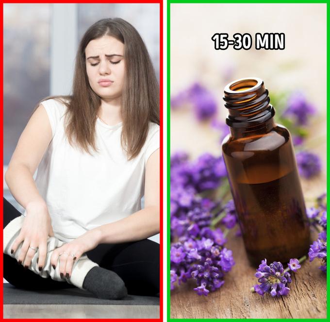 Giảm đau cơ bắp   Hoa oải hương được biết đến là liều thuốc giảm đau tự nhiên. Để giảm đau cơ bắp, hãy chuẩn bị một chậu nước nóng, thêm 1/2 chén muối Epsom, hai thìa baking soda và sáu giọt tinh dầu oải hương. Ngâm chân trong đó trong 15 đến 30 phút.