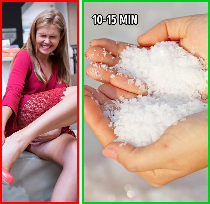 Giảm đau, viêm   Muối có tác dụng hữu hiệu trong việc giảm đau hay giảm tình trạng viêm nhiễm. Hãy thêm hai thìa muối vào chậu nước nóng và ngâm chân trong 15 - 20 phút. Ngâm chân nước muối có thể khiến da khô nên bạn cần thoa kem dưỡng sau đó.