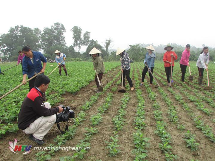 Ảnh 6. Dương Trọng Hùng tác nghiệp tại xã Nghĩa Phúc, phản ánh hoạt động chị em phụ nữ giúp gia đình khó khăn hoạn nạn