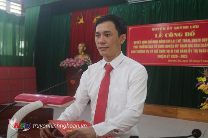 Tân Bí thư Đảng ủy TT Cầu Giát phát biểu nhận nhiệm vụ.