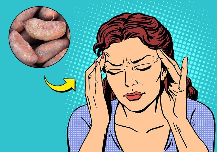 Khoai lang không chỉ ngon mà còn giúp bạn đẩy lùi cơn đau nửa đầu. Khoai lang giàu vitamin C, vitamin B1 và kali, tiêu thụ khoai lang khi bạn đang bị đau đầu sẽ làm giảm cơn đau và giúp bạn dần bình thường trờ lại.