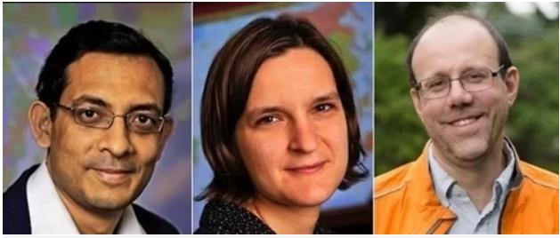 Ba nhà khoa học đạt giải Nobel M.PG88 Tips 2019 (từ trái qua): ông Abhijit Banerjee, bà Esther Duflo và ông Michael Kremer.