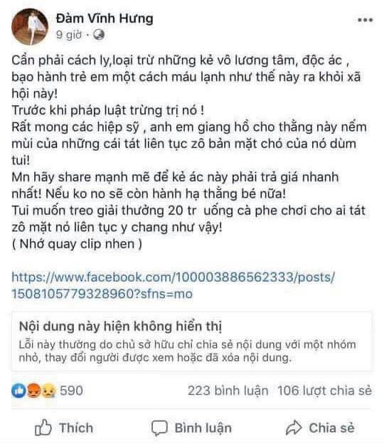 Hình ảnh "lời kêu gọi" trên Facebook Đàm Vĩnh Hưng.