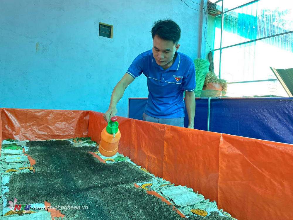 Nguyễn Văn Huấn ở làng Nhâm với mô hình nuôi Dế mèn Thái.