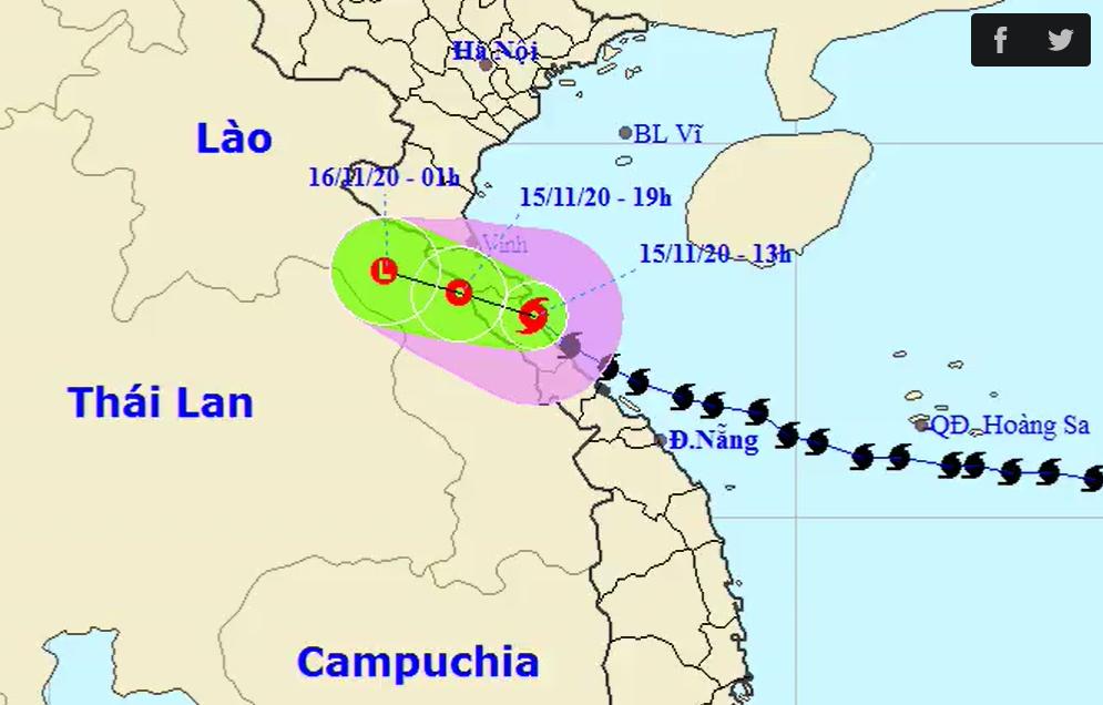 Dự kiến hướng đi và vùng ảnh hưởng của bão lúc 10h ngày 15/11. Ảnh:NCHMF